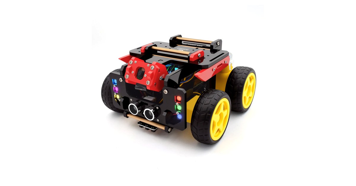 AWR de Adeept con cuatro ruedas amarillas, estructura roja y negra y sensor ultrasónico frontal.