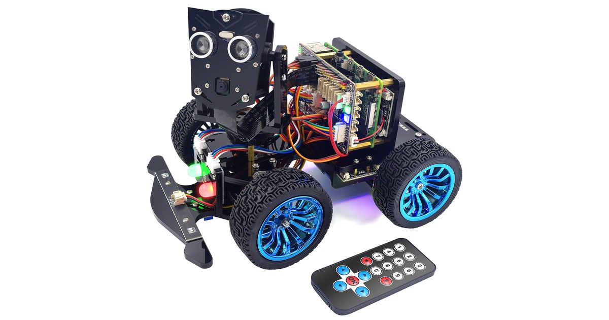 PiCar-B Mars Rover negro con ruedas azules, sensores frontales y mando infrarrojo al lado.
