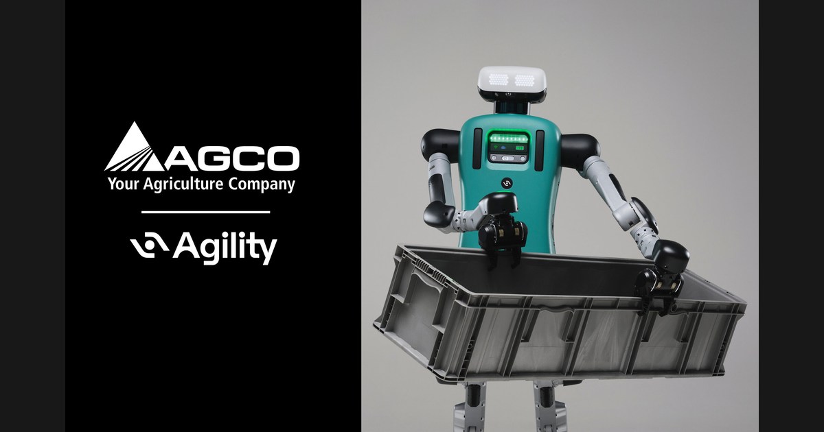 Imagen oficial de Digit sosteniendo un contenedor gris, junto a los logotipos de AGCO y Agility Robotics; no muestra la instalación de Hesston.
