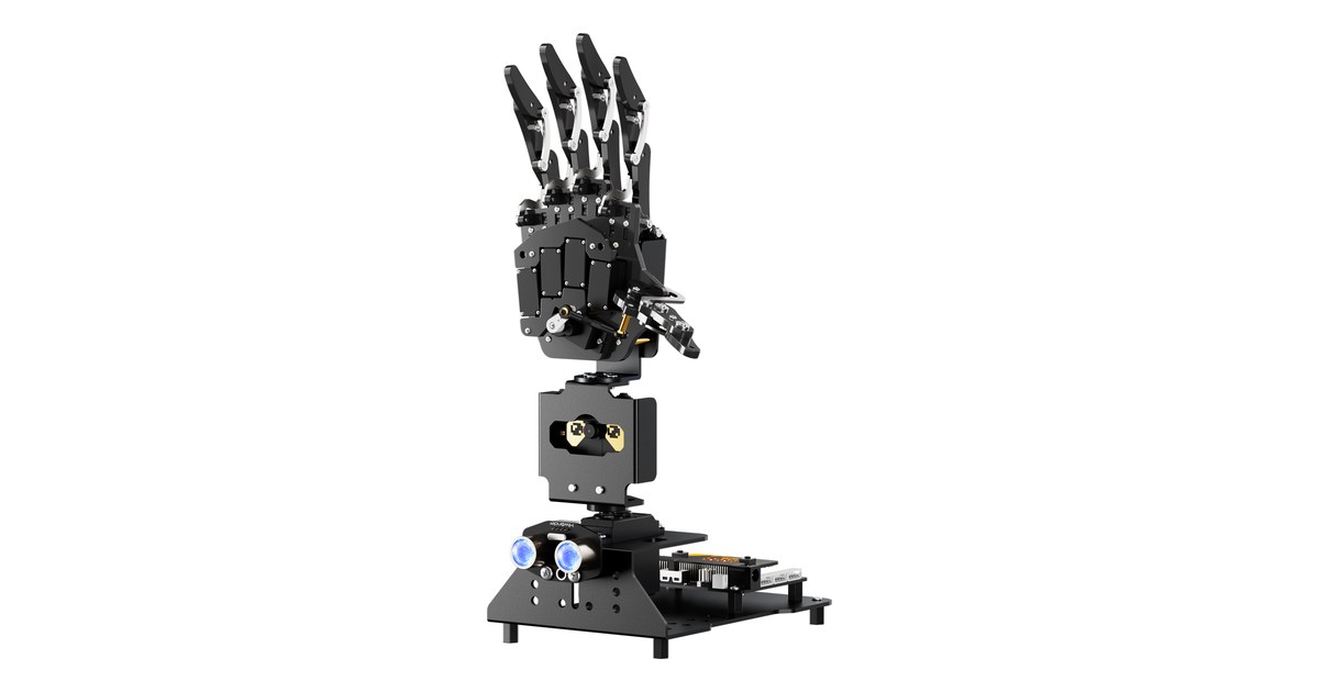 Mano robótica negra AiHand de Hiwonder sobre base con sensores y una placa micro:bit