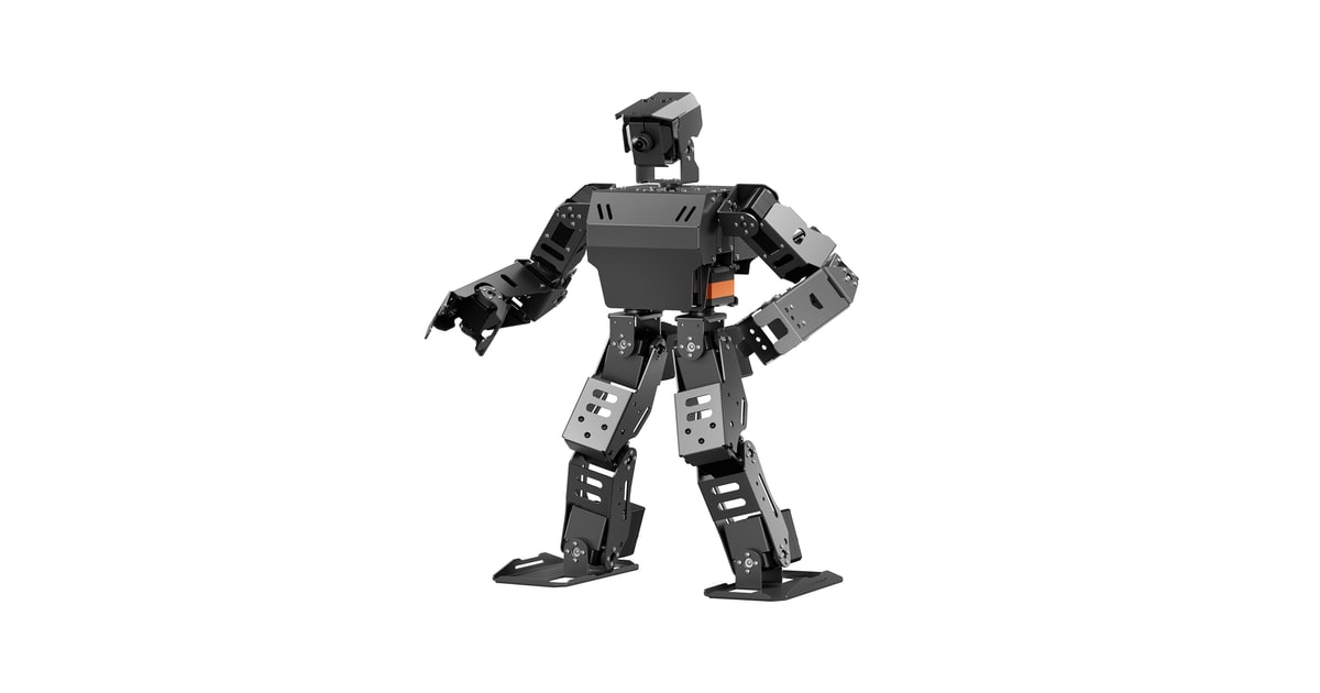 Humanoide AiNex negro de Hiwonder con brazos y piernas articulados.