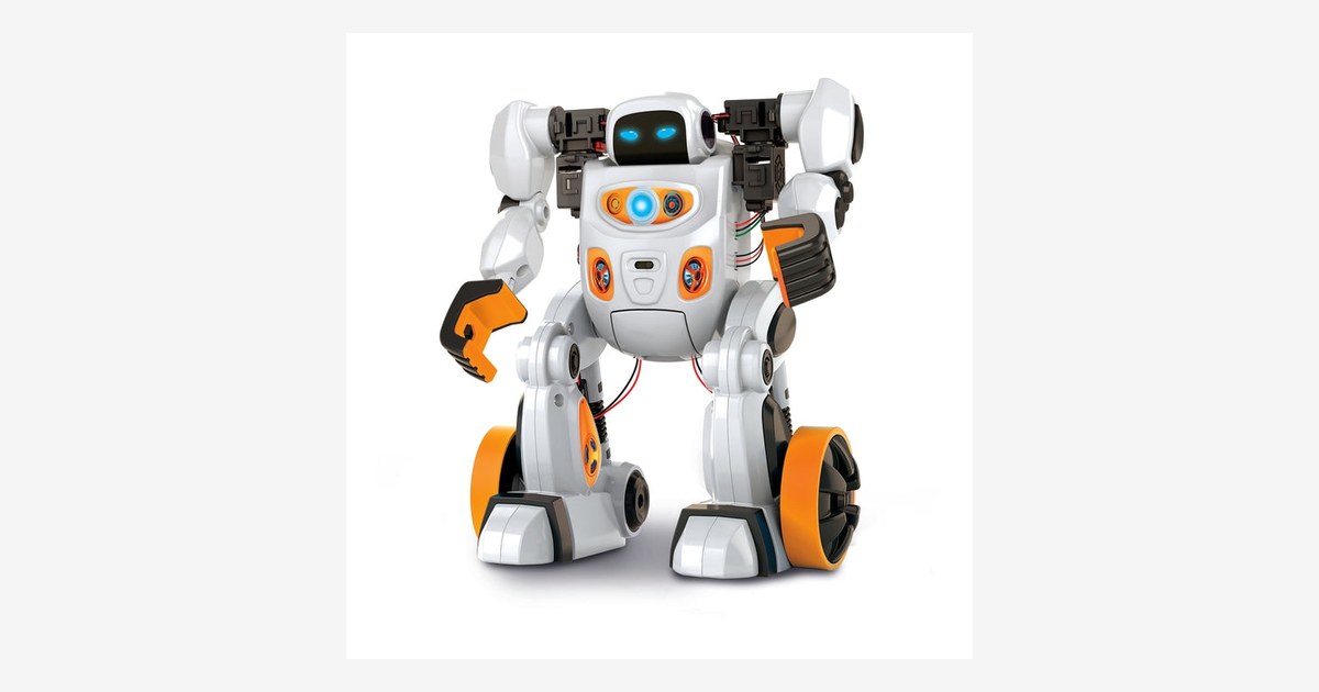 Fotografía oficial del robot AIRO de Clementoni montado, con cuerpo blanco y detalles grises.