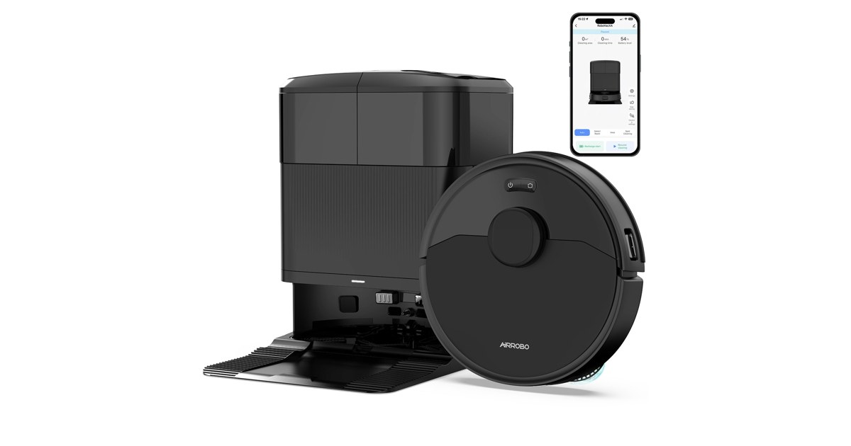 Render promocional oficial de AIRROBO M2 completo, negro, junto a su estación de mantenimiento y un teléfono, sobre fondo blanco.