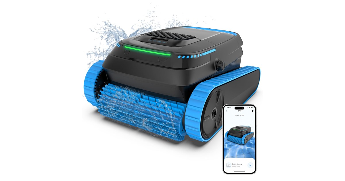 Render promocional oficial de AIRROBO CP40 completo, con orugas y rodillo azul, junto a un teléfono, sobre fondo claro.
