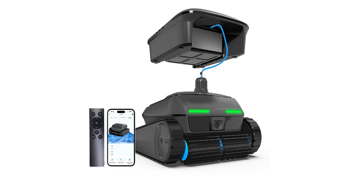 Render promocional oficial de AIRROBO CP400 completo con módulo flotante unido por cable, mando y teléfono, sobre fondo blanco.