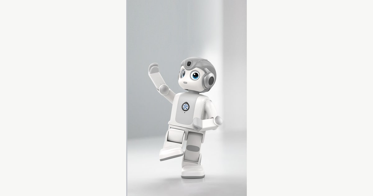 Render oficial de Alpha Mini de UBTECH saludando con un brazo levantado