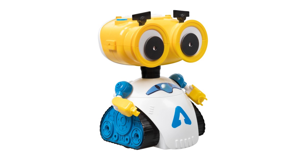 Andy de Xtrem Bots con cabeza amarilla y cuerpo blanco y azul.
