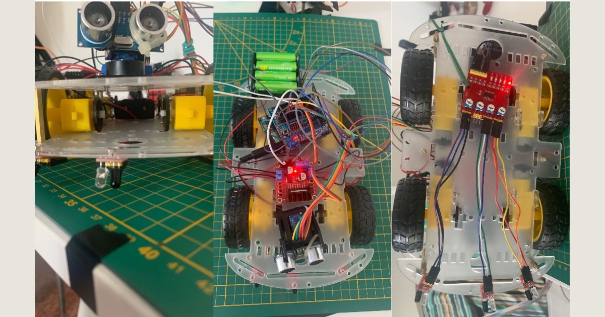 Tres fotografías de Luca Fagioli del coche de cuatro ruedas: vista frontal del sensor de ultrasonidos, electrónica sobre el chasis y sensores infrarrojos en la parte inferior.