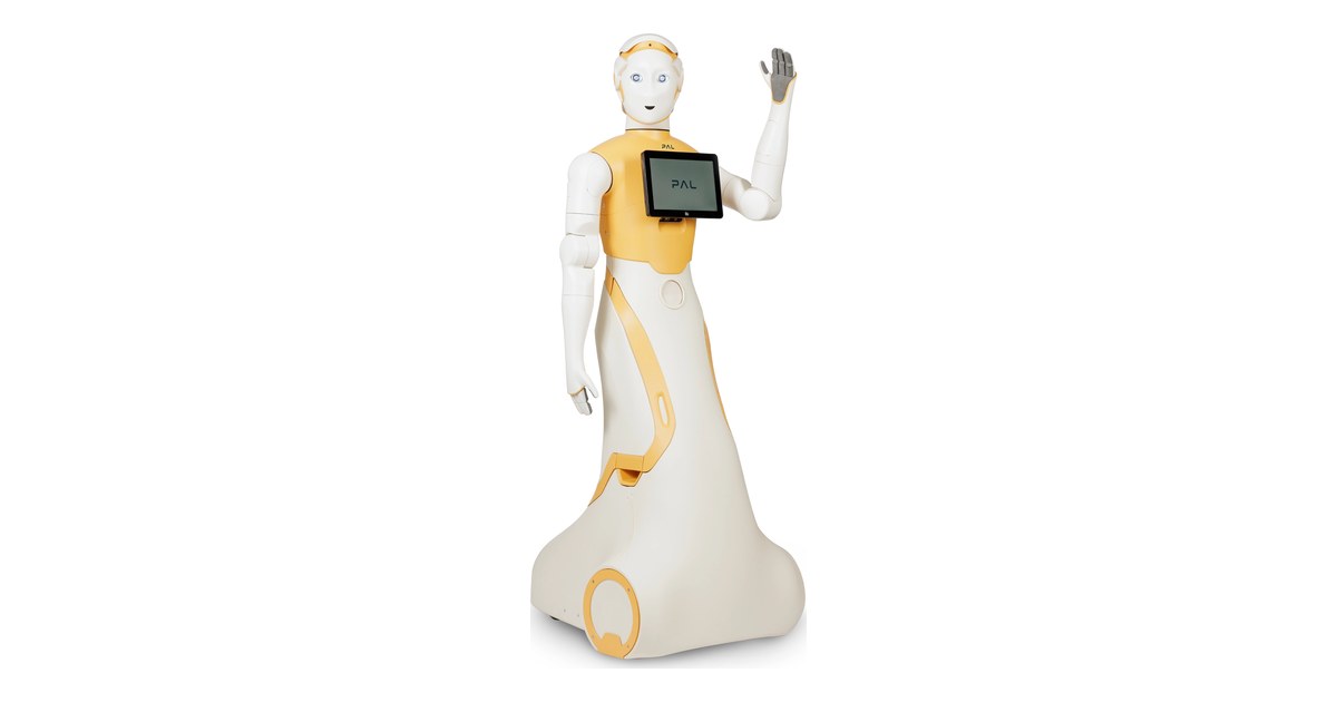 Robot social ARI blanco y naranja con pantalla en el torso