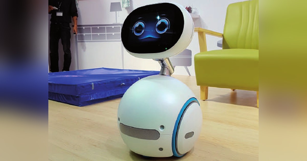 Zenbo de ASUS de cuerpo entero, con pantalla sobre cuello y base redonda con ruedas.