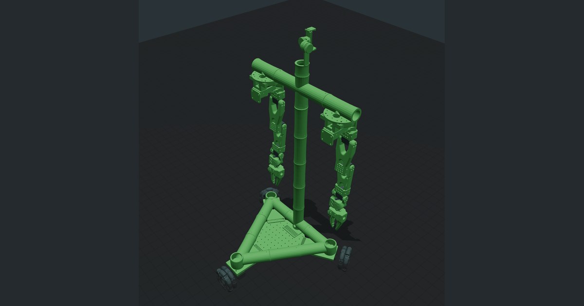 Render del diseño imprimible de Bambot B0, con dos brazos y base de ruedas.