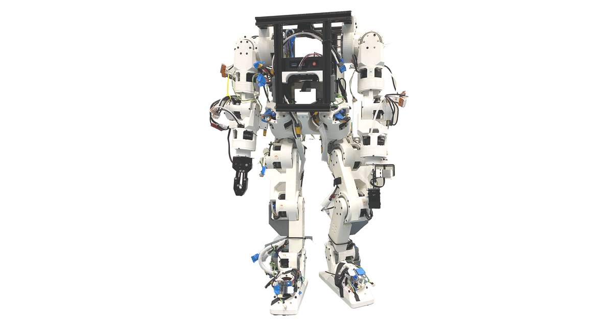 Prototipo físico de Berkeley Humanoid Lite, de cuerpo entero.