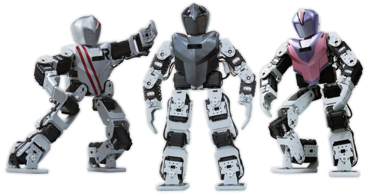 Tres configuraciones humanoides de BIOLOID Premium con actuadores y estructuras articuladas visibles.