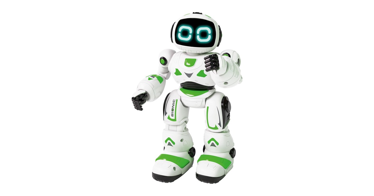 Bionic de Xtrem Bots, blanco y verde, con ojos luminosos.