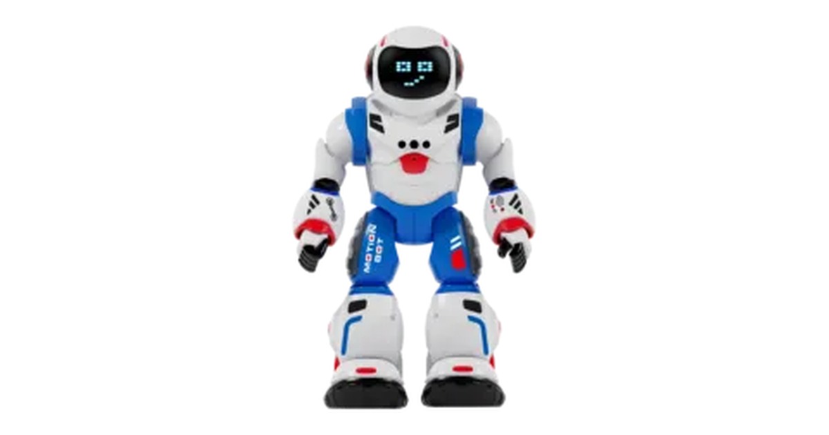 Bruce Bot blanco y azul con detalles rojos y rostro LED.