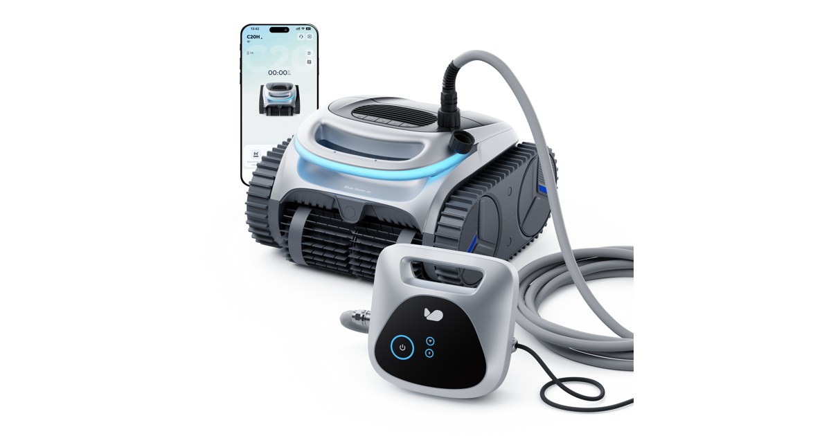Render oficial del limpiador de piscinas BUBLUE BuHybrid L6 Gen2 completo, con cable y elementos de control.