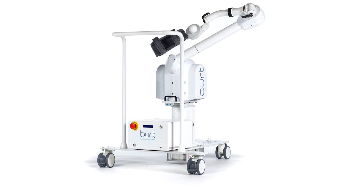 Robot Burt de Barrett con su soporte para el brazo, columna y base con ruedas.