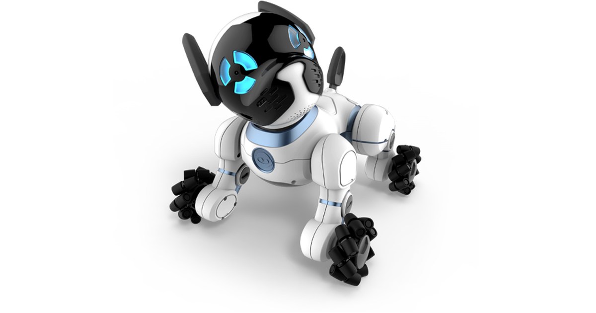 CHiP, perro robot blanco y azul con ruedas en los apoyos de sus cuatro patas.
