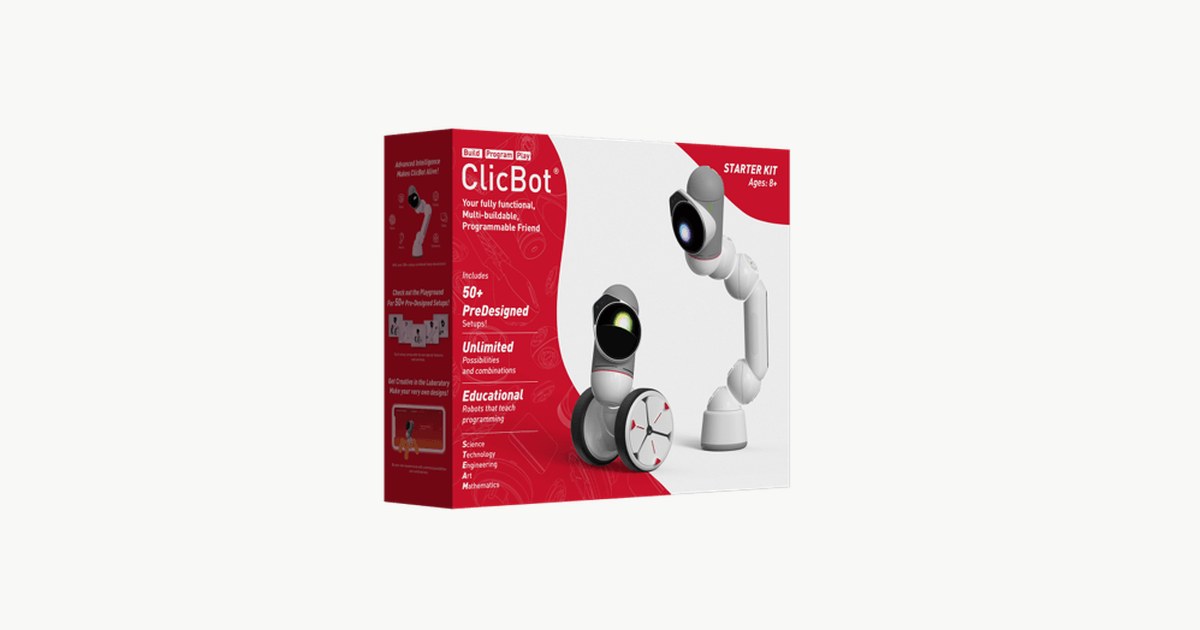 Caja oficial del ClicBot Starter Kit con dos configuraciones del robot modular en la portada.
