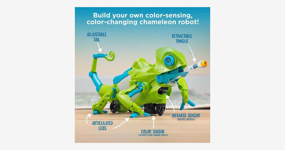 Imagen oficial del Coding Chameleon verde, con lengua extensible y etiquetas de sus sensores.
