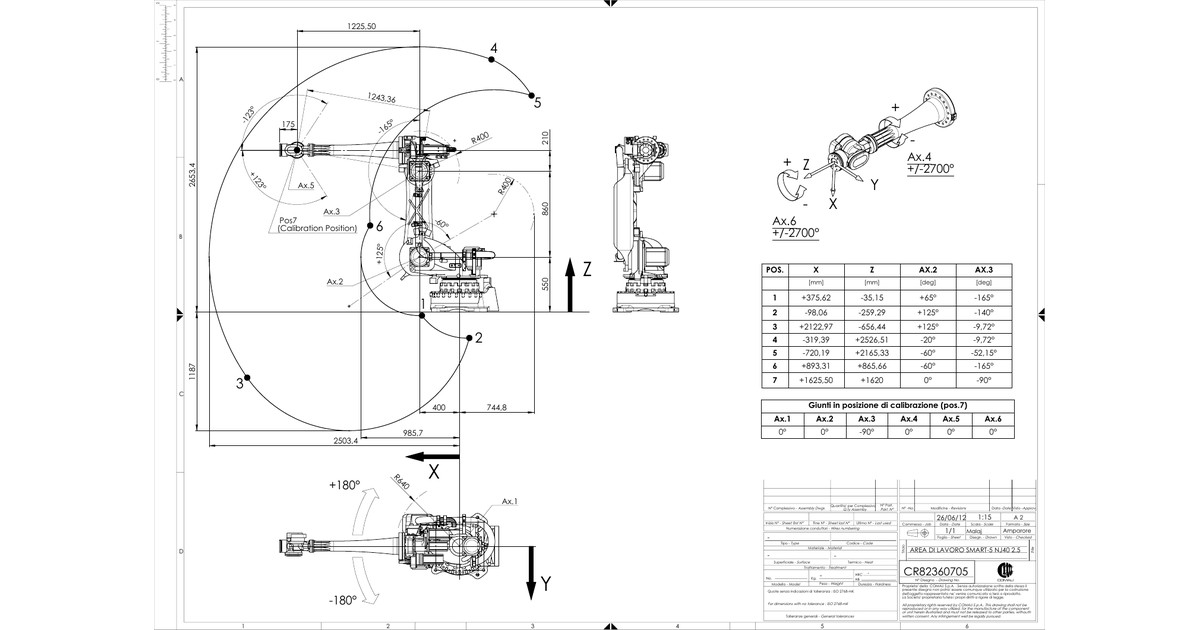 Plano oficial del Comau NJ-40-2.5 completo con dimensiones y áreas de trabajo.