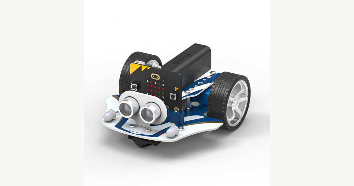 Cutebot Pro con sus motores, sensor ultrasónico y ranura para micro:bit