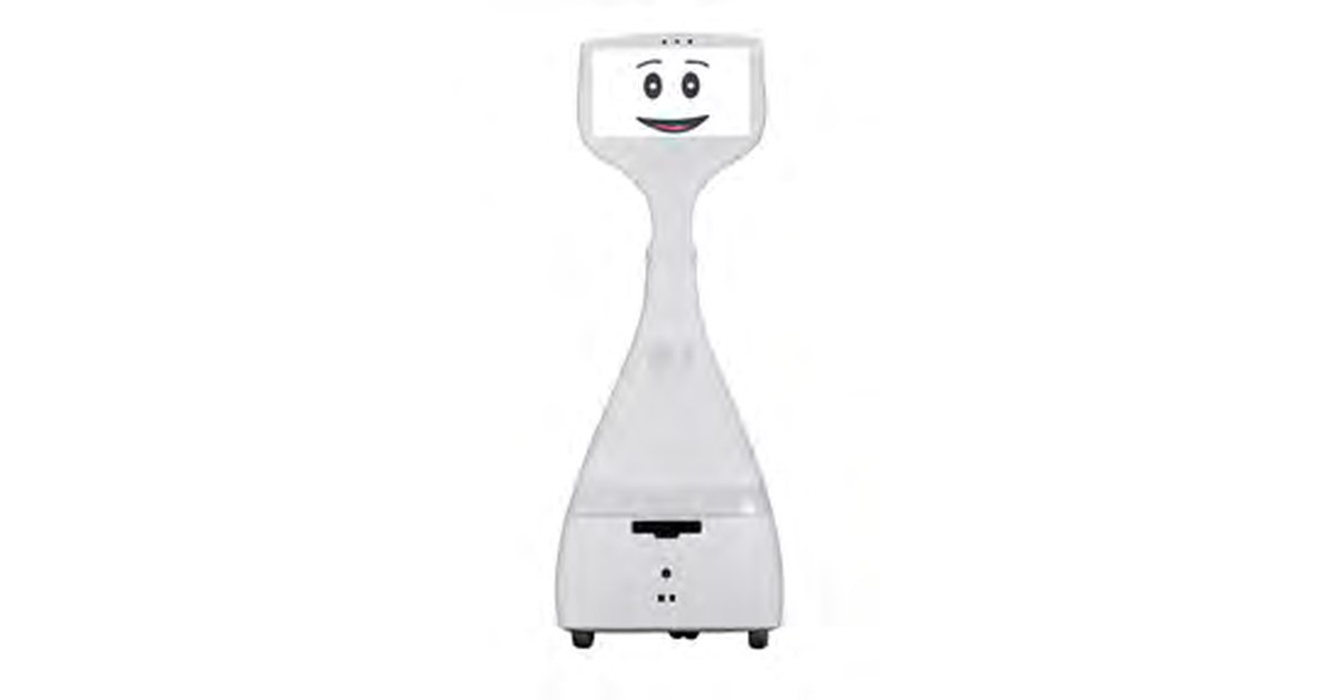Cutii de CareClever, con pantalla facial sobre un cuerpo blanco y base con ruedas.