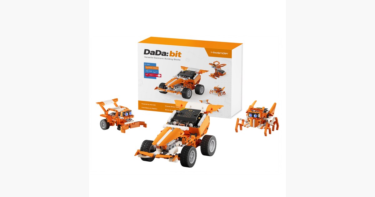 Imagen oficial del kit DaDa:bit V2 con ejemplos de montajes y caja.