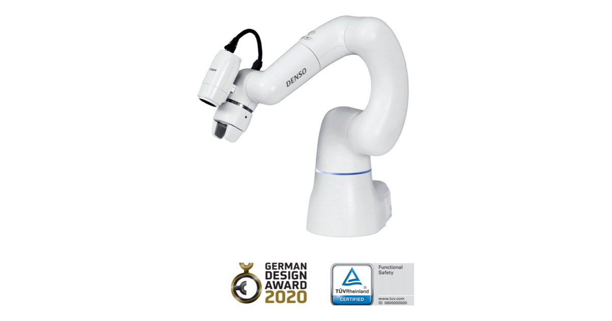 Brazo colaborativo blanco DENSO COBOTTA con herramienta final, en una imagen oficial con distintivos de diseño y certificación