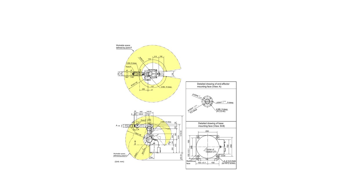 Plano oficial de dimensiones y área de trabajo del DENSO VM-6083.