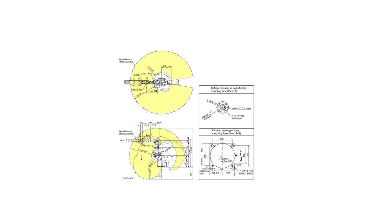 Plano oficial de dimensiones y área de trabajo del DENSO VM-60B1.