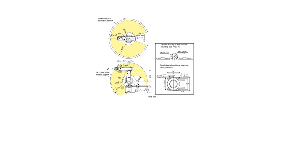 Plano oficial de dimensiones y área de trabajo del DENSO VP-6242.