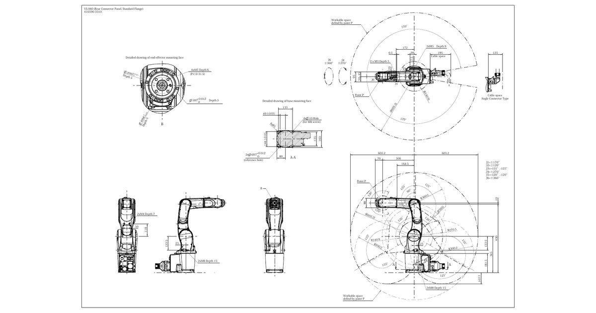 Plano oficial de dimensiones y área de trabajo del DENSO VS-060.