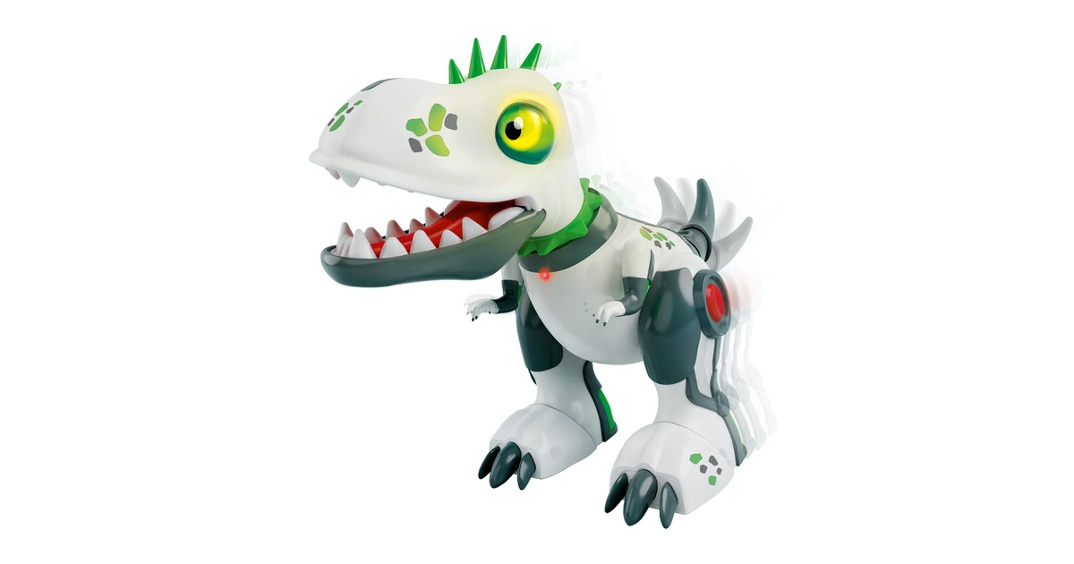 DinoPunk blanco y verde con mandíbula abierta y cola articulada.