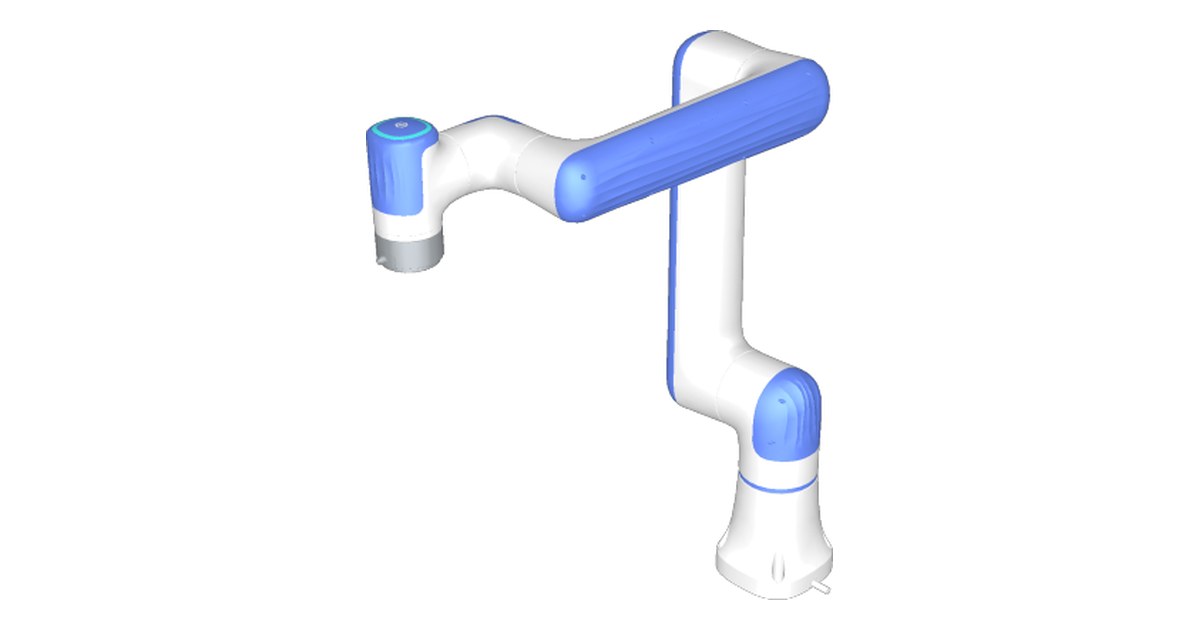 Representación técnica del brazo DOBOT Nova 5 blanco y azul, en una postura elevada sobre su base