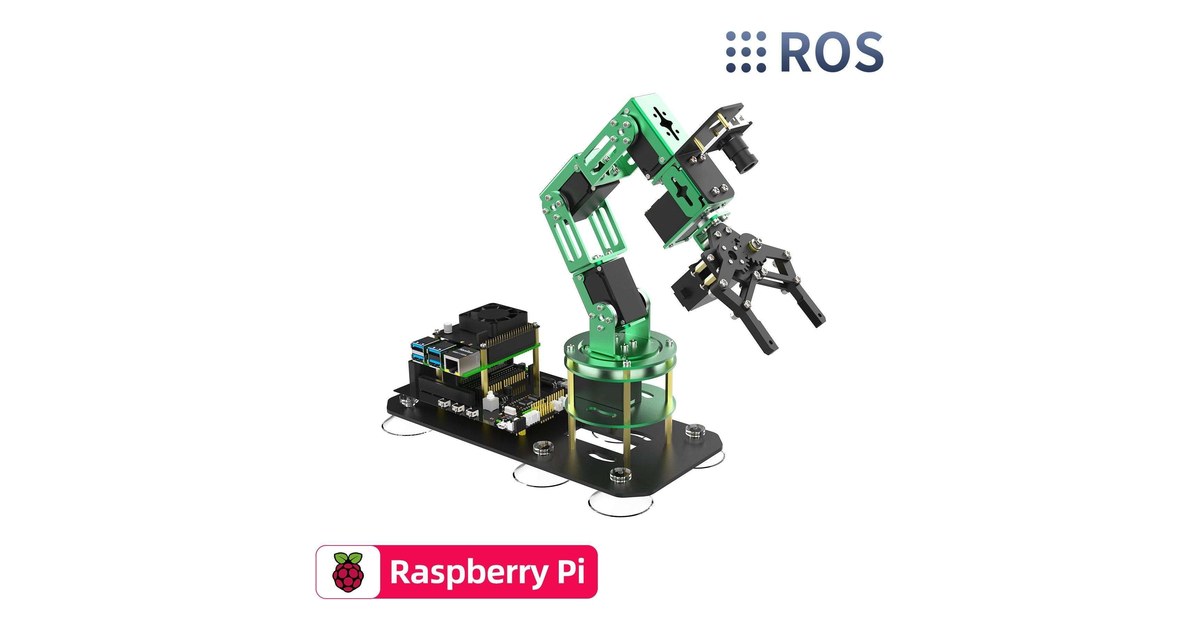 DOFBOT Pi verde de Yahboom con pinza, cámara y base electrónica, en una imagen comercial con logotipos ROS y Raspberry Pi
