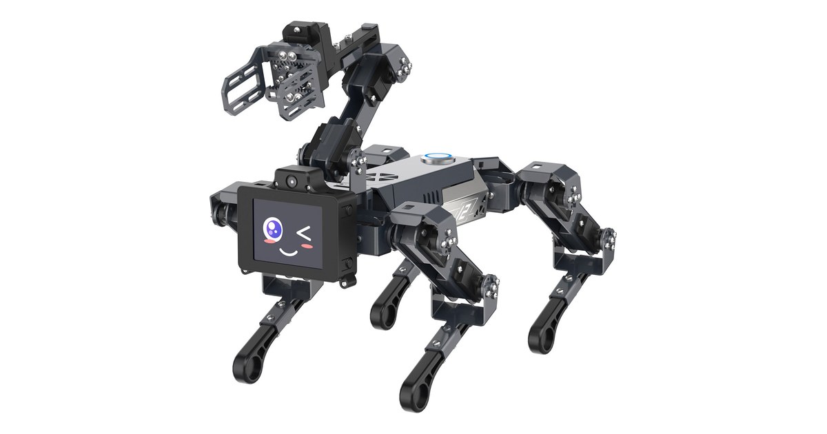 DOGZILLA-Lite negro con cuatro patas, brazo superior con pinza y una cara en la pantalla frontal