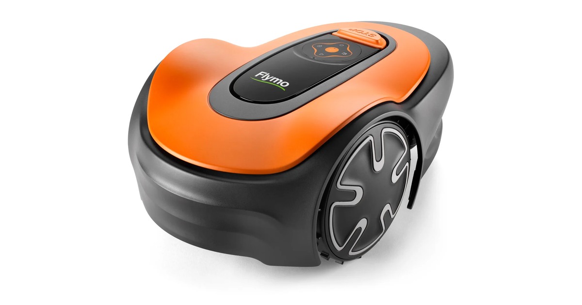 Flymo EasiLife Go 250 naranja y negro visto en perspectiva.
