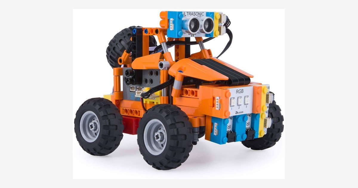 Fotografía oficial del ELEGOO Building Block Car naranja, con ruedas y sensor ultrasónico frontal.