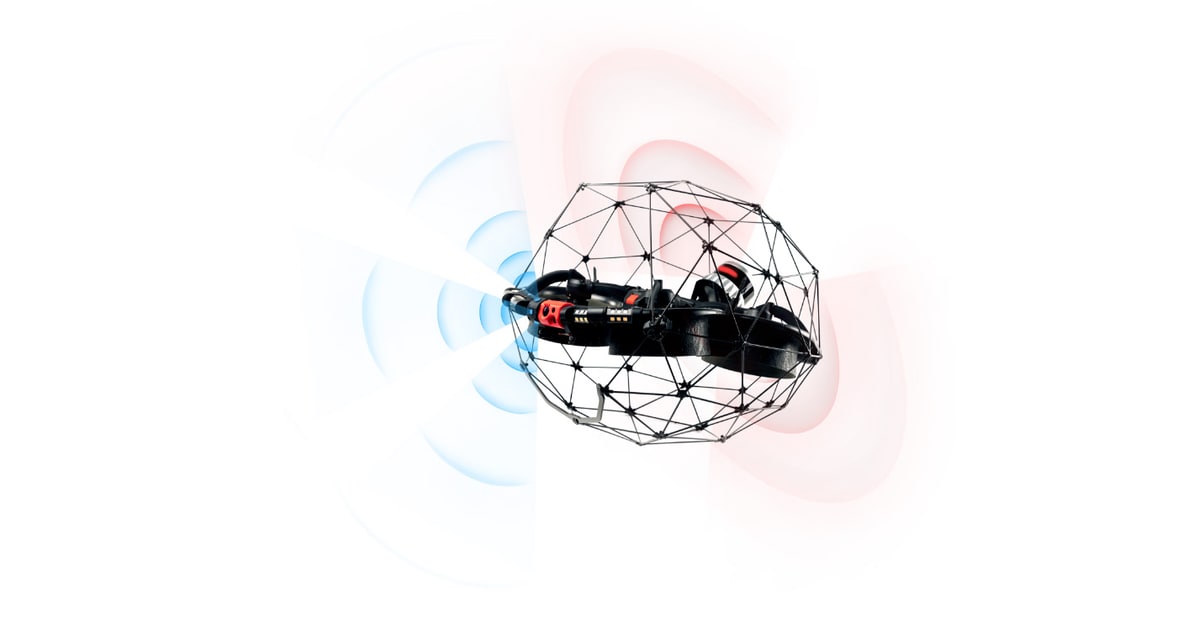 Representación oficial del dron Elios 3 dentro de su jaula protectora.