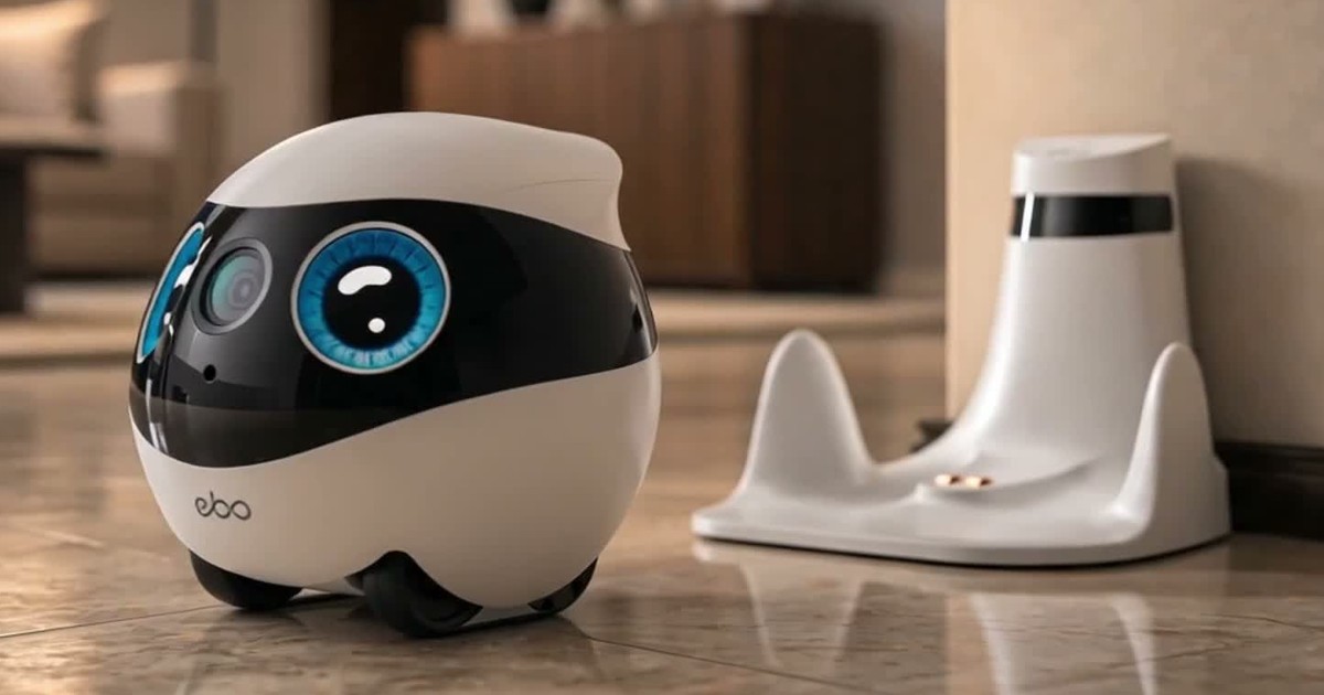 EBO SE 2 blanco con ojos azules delante de su base de carga sobre un suelo de madera, fotograma del vídeo promocional oficial de Enabot.
