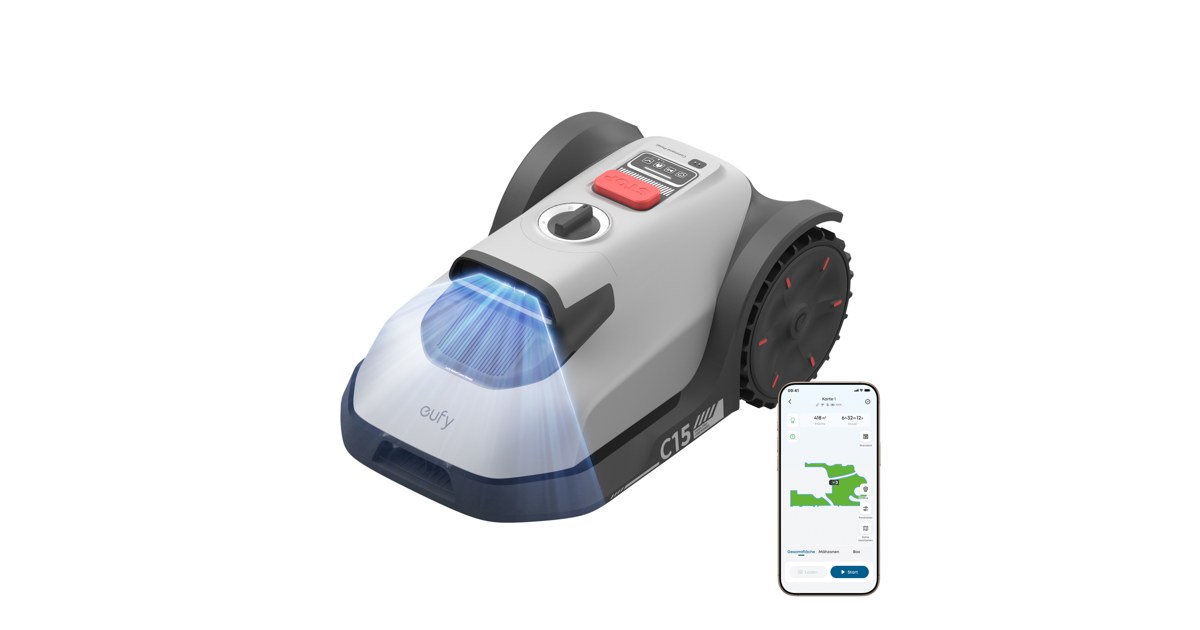 Representación oficial del eufy C15 con su campo de visión ilustrado y una pantalla de control.