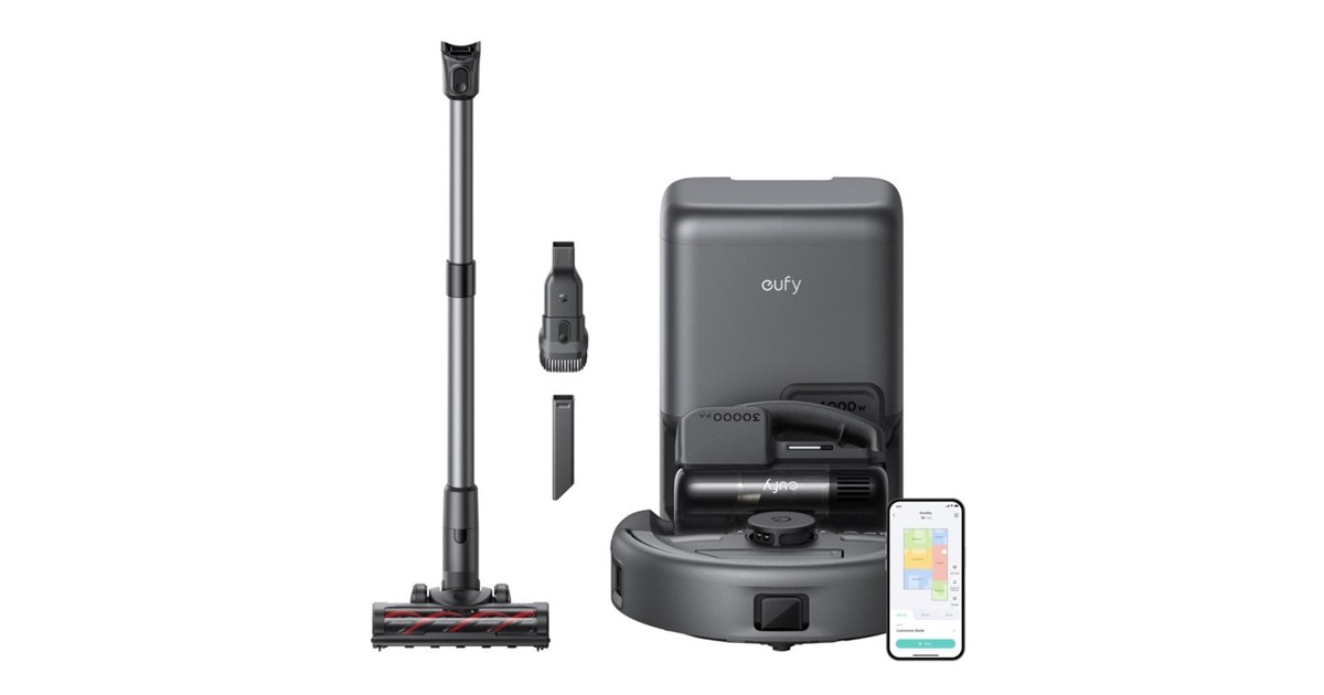 Render oficial del eufy E20 con componentes para sus tres formatos de aspiración.