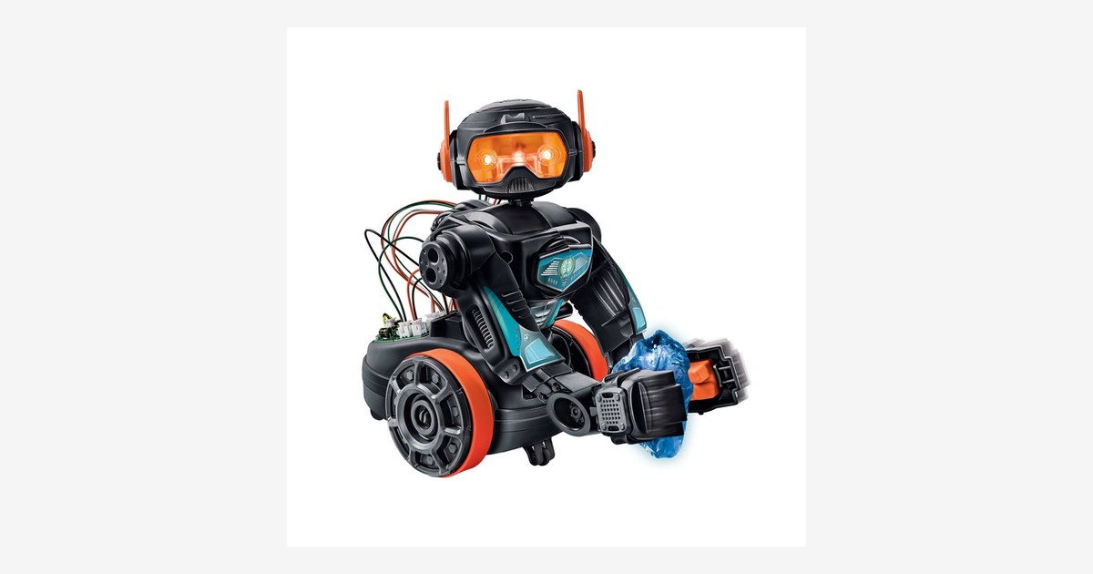 Fotografía oficial del Evolution Robot negro y naranja de Clementoni, con brazos delanteros.