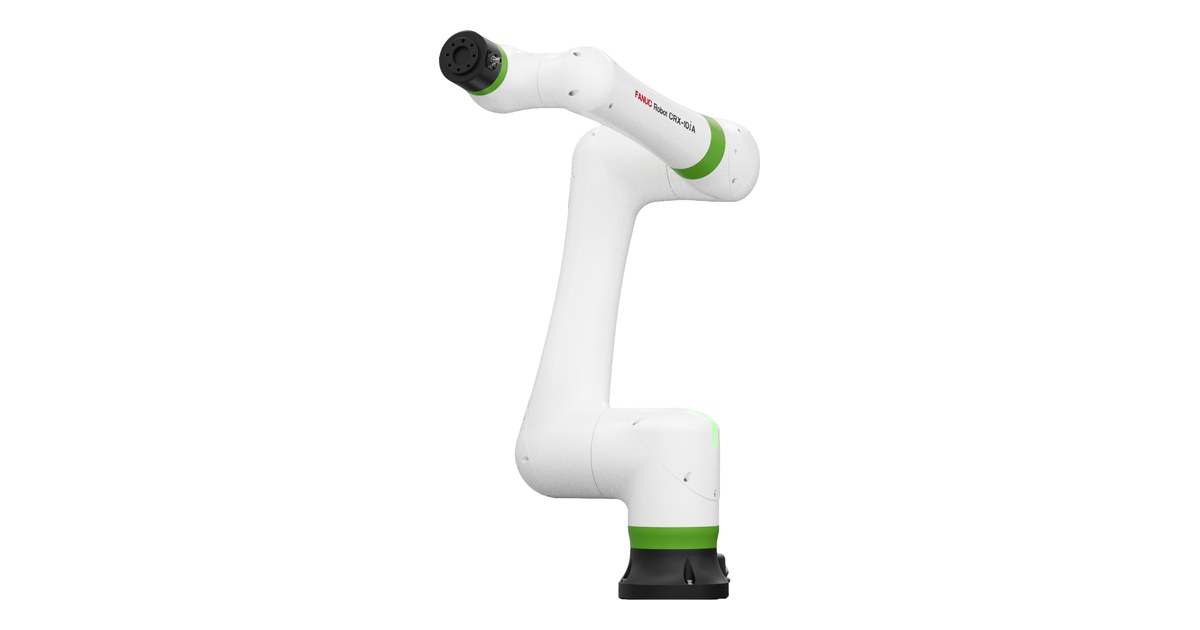 Brazo colaborativo blanco FANUC CRX-10iA con articulaciones verdes y base negra