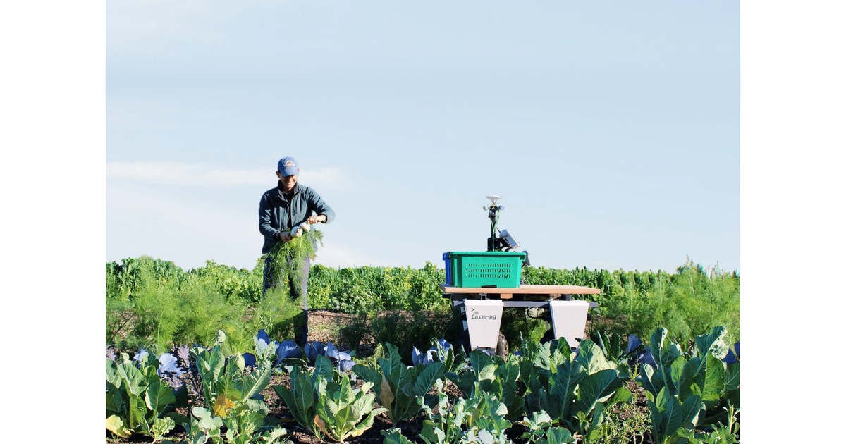 Plataforma Amiga verde en un cultivo, junto a una persona que trabaja en el campo.