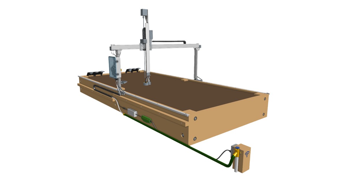 Render del pórtico FarmBot Genesis v1.8 instalado sobre un bancal rectangular de madera