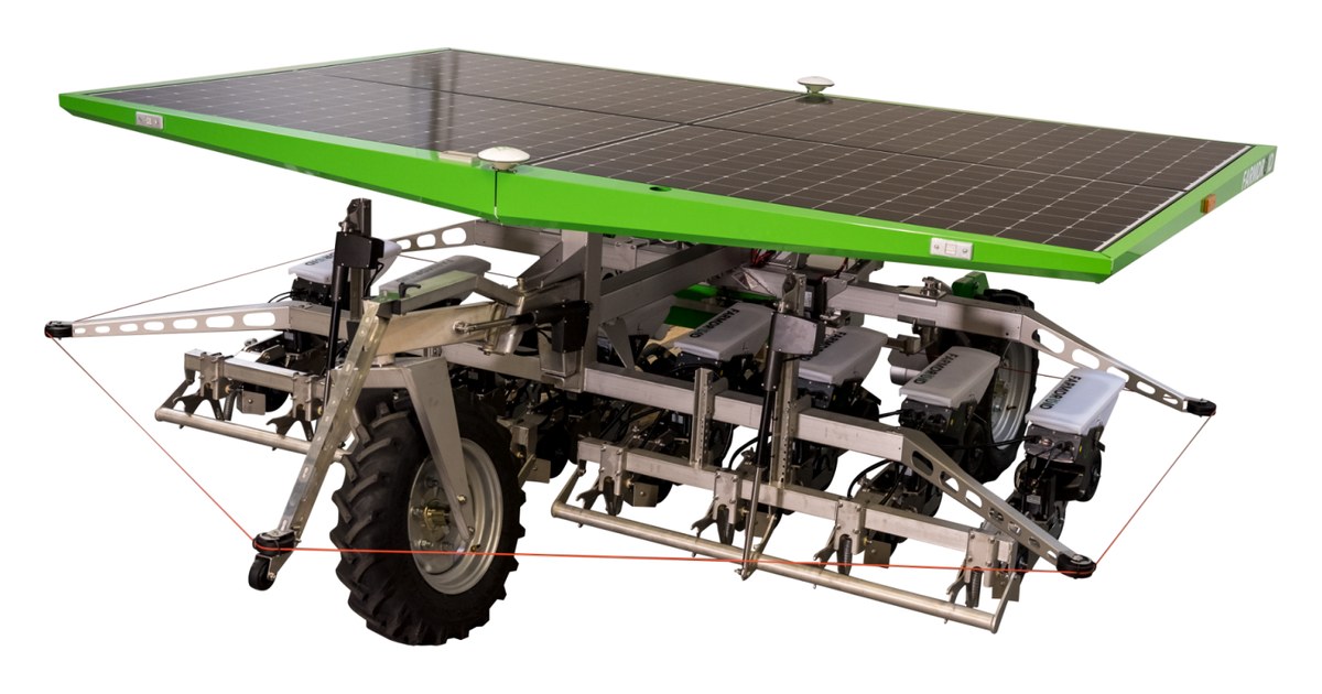 Render del FarmDroid FD20 con paneles solares sobre un bastidor de ruedas y herramientas agrícolas