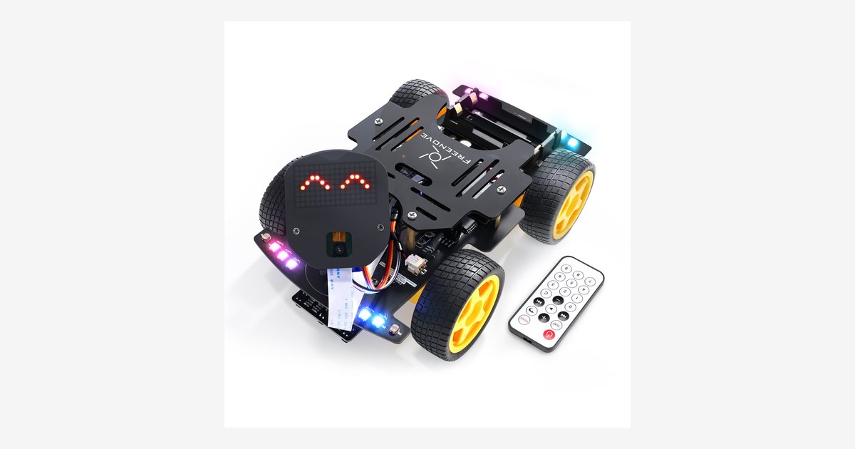 Fotografía oficial del coche Freenove 4WD ESP32-CAM negro y amarillo, con cámara y mando infrarrojo.