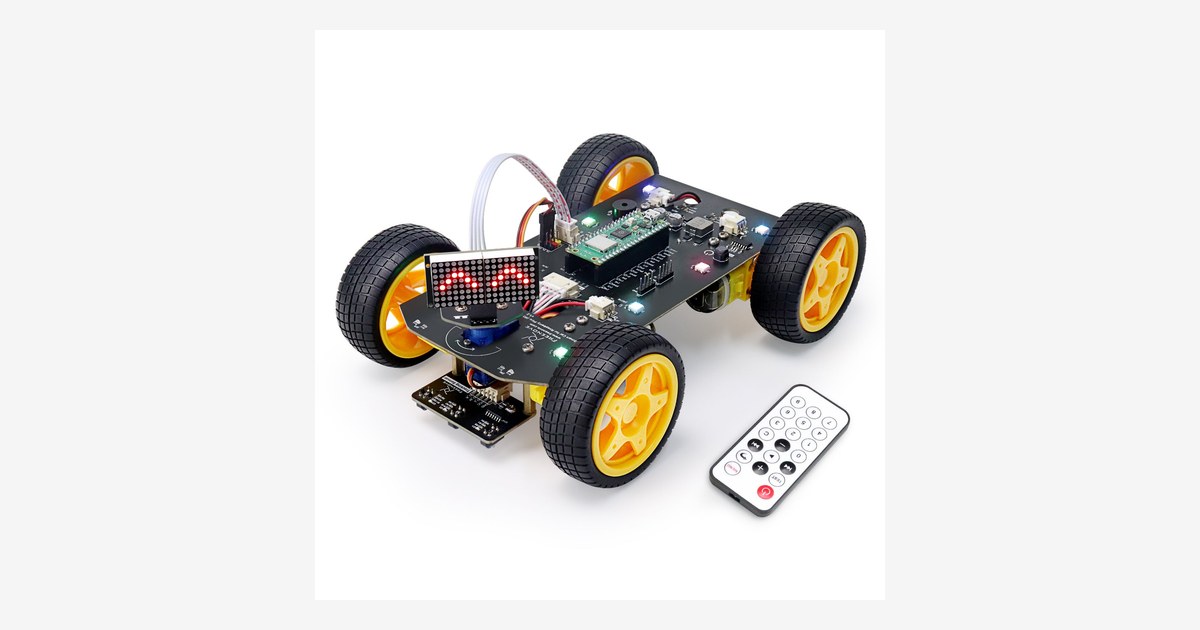 Fotografía oficial del Freenove 4WD Pico con ruedas amarillas y matriz de puntos.